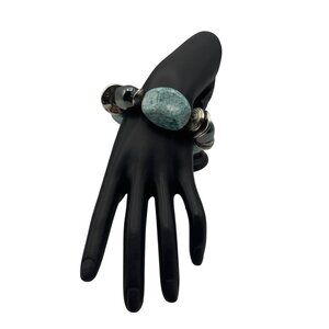 Chunky Stretch Bracelet Blue Green Stone Silver Tone Bead Unique Artisan Design